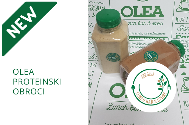 Dve boćice sa proteinskim obrocima, natpis olea proteinski obroci i logo olea lunch bara